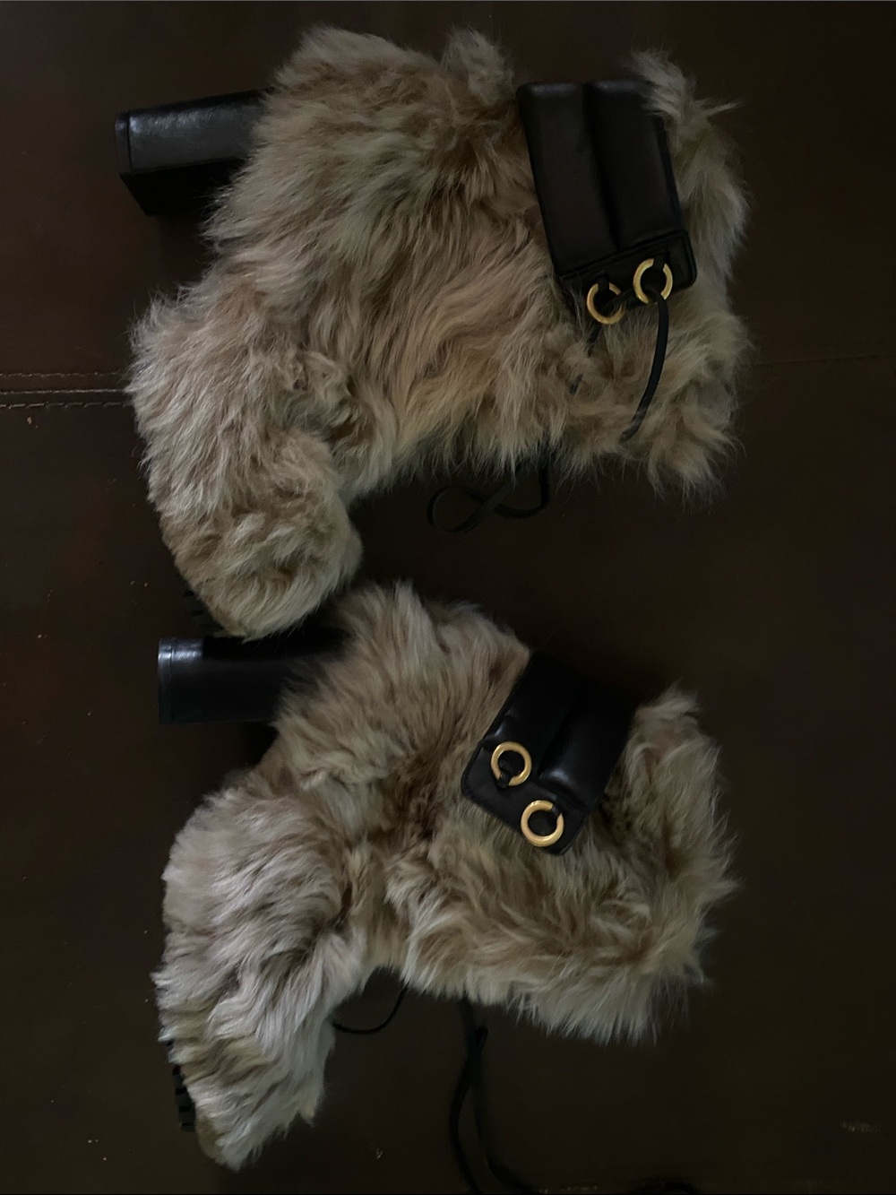Stuart Weitzman Taupe Faux Fur Ankle Boots with Gold Ring Detail